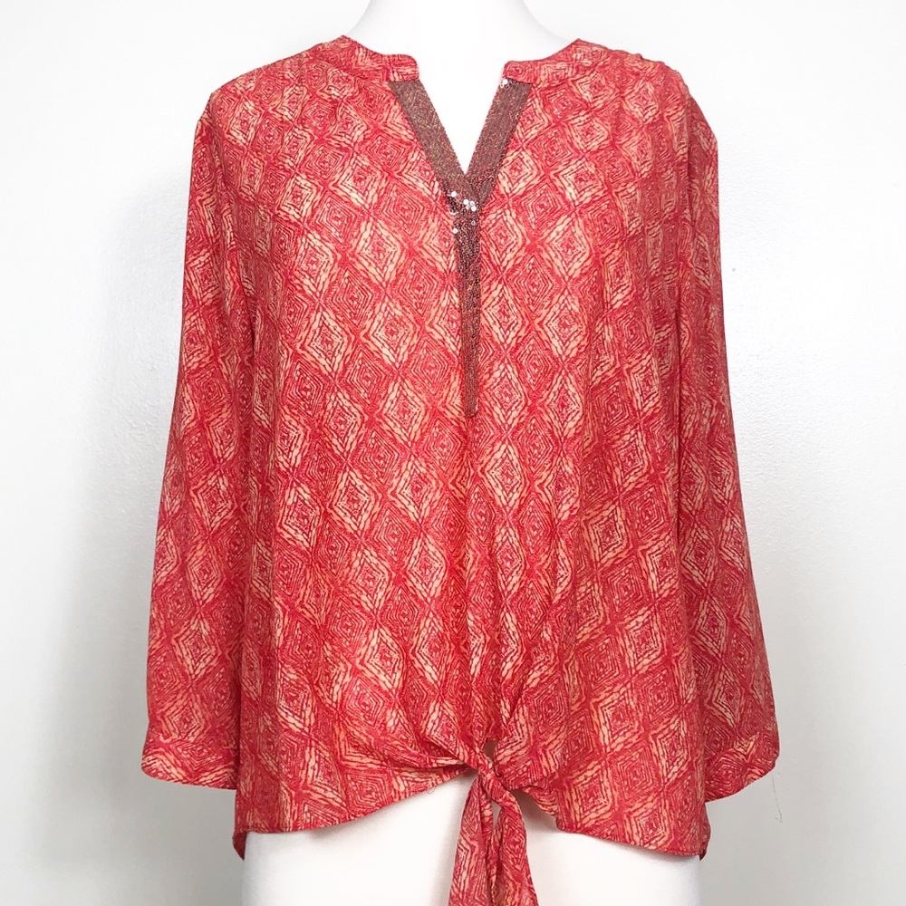 Chico’s popover orange hi-low hem v-neck tie front